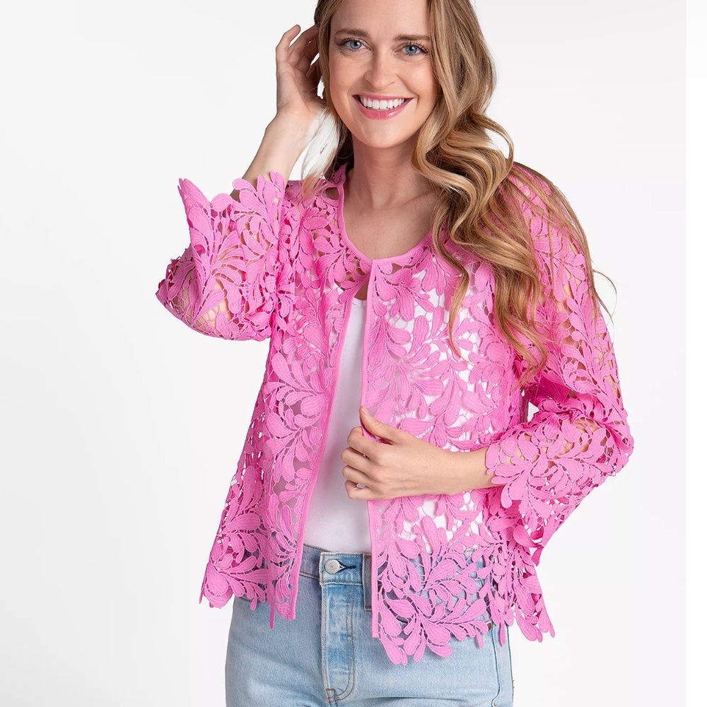 Women’s Kate & Mallory Pink 3/4 Sleeve Open Front Lace Jacket